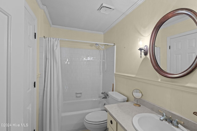 full bathroom featuring toilet, crown molding, and shower / bath combo with shower curtain