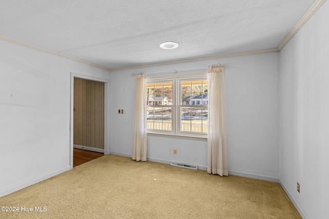 carpeted spare room with ornamental molding and a textured ceiling