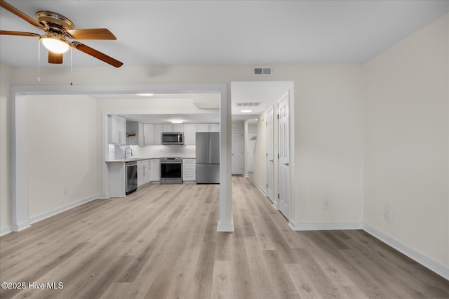 unfurnished living room with ceiling fan, sink, and light hardwood / wood-style floors