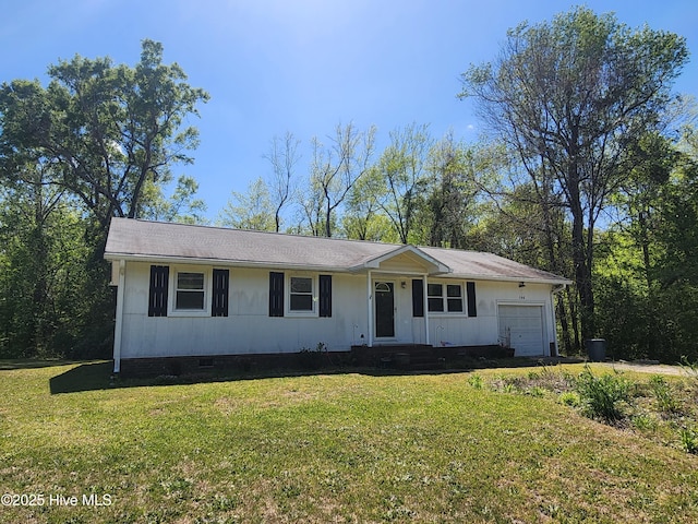 single story home featuring a garage, crawl space, and a front lawn