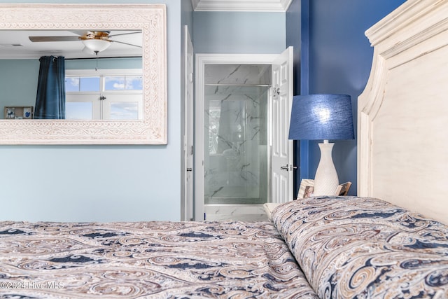 bedroom with ceiling fan and ornamental molding