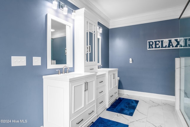 bathroom with vanity, ornamental molding, and walk in shower