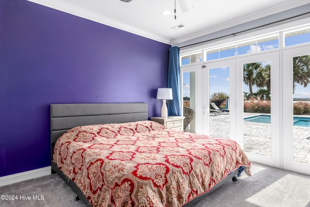 bedroom with access to outside, multiple windows, ceiling fan, and crown molding