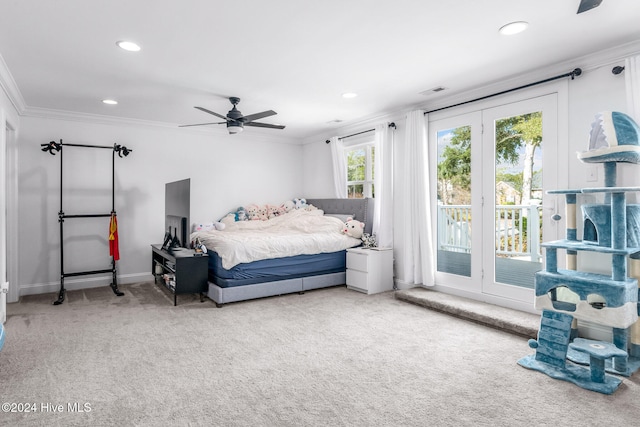 carpeted bedroom with ceiling fan, ornamental molding, and access to outside