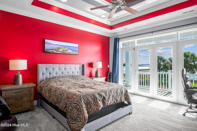 bedroom with access to exterior, french doors, carpet floors, and crown molding