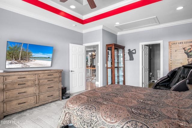 carpeted bedroom featuring ceiling fan, ornamental molding, and ensuite bath