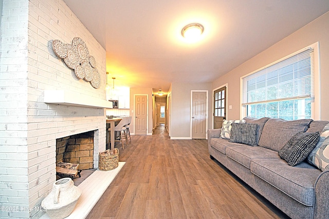 living room featuring hardwood / wood-style flooring and a fireplace