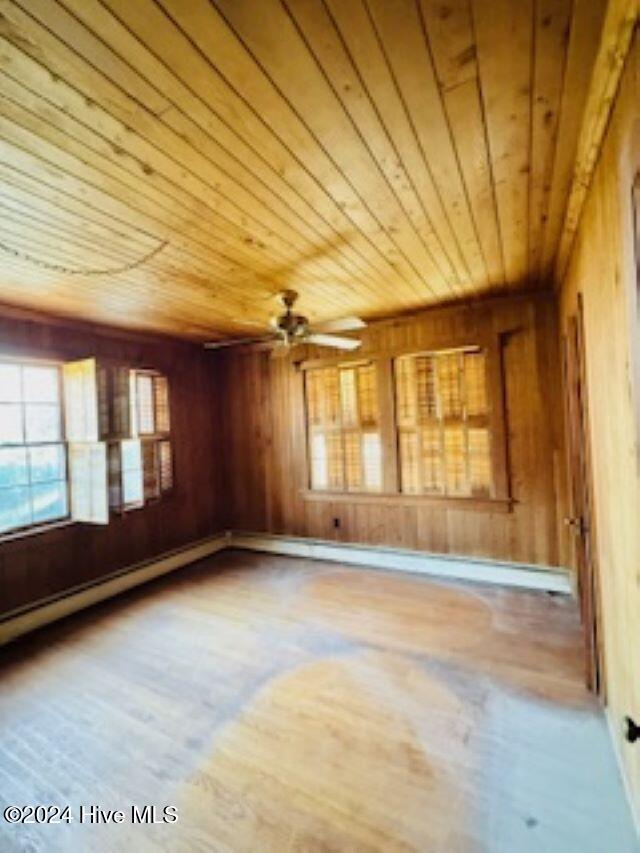 100 Riverview Ave, Camden, NC 27921 - spare room featuring wood ceiling, plenty of natural light, wood finished floors, wooden walls, and ceiling fan
