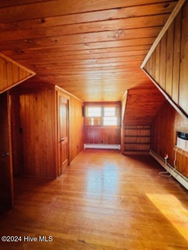 bonus room featuring hardwood / wood-style floors, wooden walls, and wood ceiling