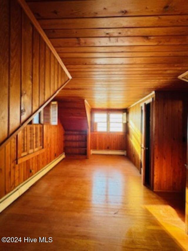 additional living space with hardwood / wood-style floors, wood walls, wooden ceiling, and a baseboard radiator