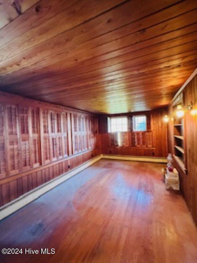 additional living space with wood ceiling, wood walls, and wood-type flooring