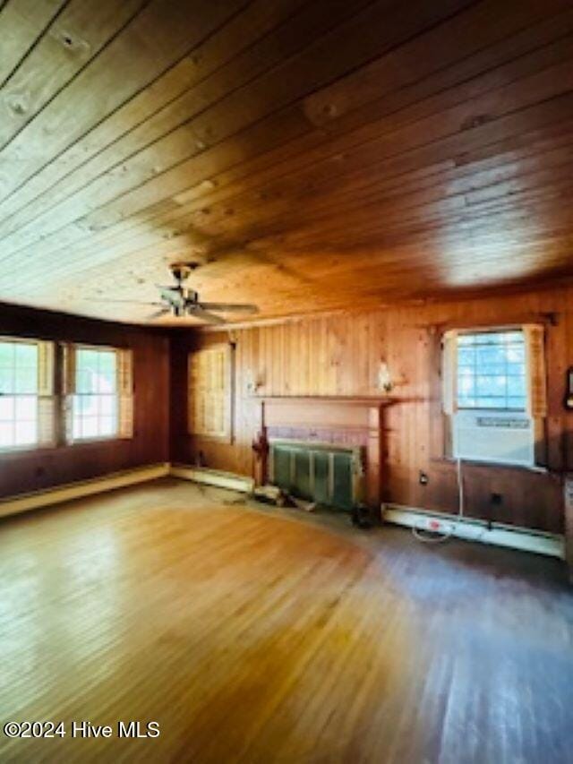 interior space with wood-type flooring, ceiling fan, wooden ceiling, and wood walls