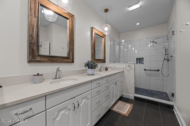 109 St Gallen Ct, New Bern, NC 28562 - bathroom with double vanity, a tile shower, and tile patterned floors