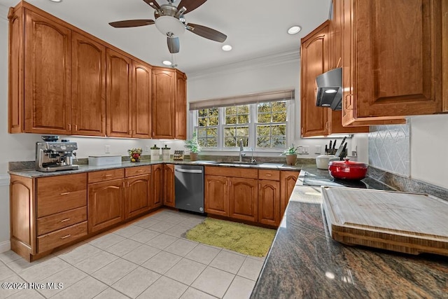 109 St Gallen Ct, New Bern, NC 28562 - kitchen with dishwasher, crown molding, brown cabinets, a sink, and ceiling fan