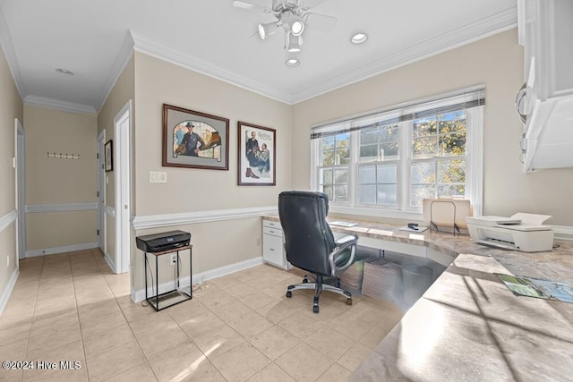 109 St Gallen Ct, New Bern, NC 28562 - home office featuring ceiling fan, ornamental molding, light tile patterned floors, recessed lighting, and baseboards