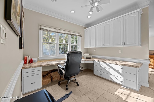 109 St Gallen Ct, New Bern, NC 28562 - office space with built in desk, crown molding, ceiling fan, recessed lighting, and light tile patterned floors