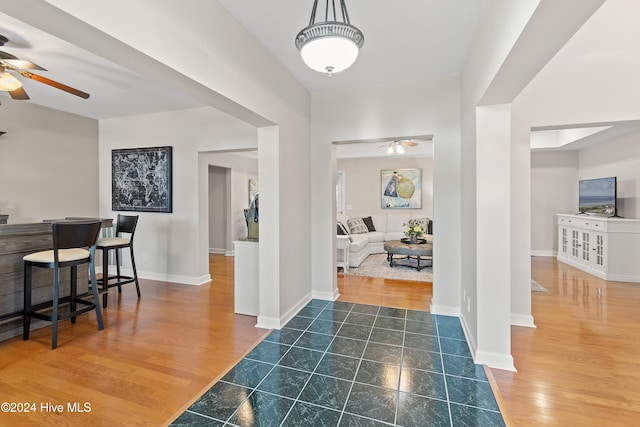 foyer featuring ceiling fan and dark hardwood / wood-style flooring