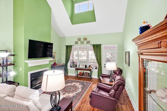 living room with wood-type flooring and high vaulted ceiling