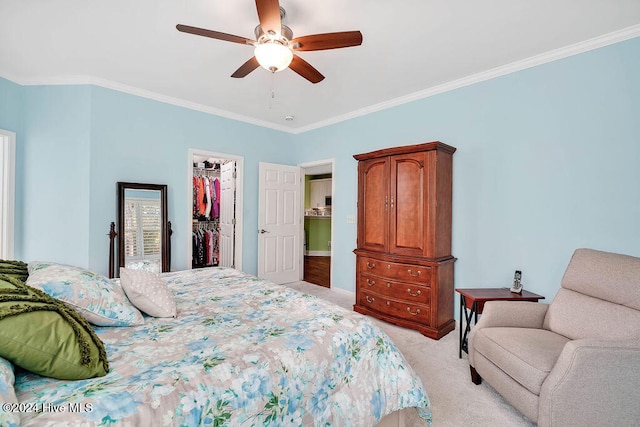 bedroom with a walk in closet, light colored carpet, ceiling fan, and ornamental molding