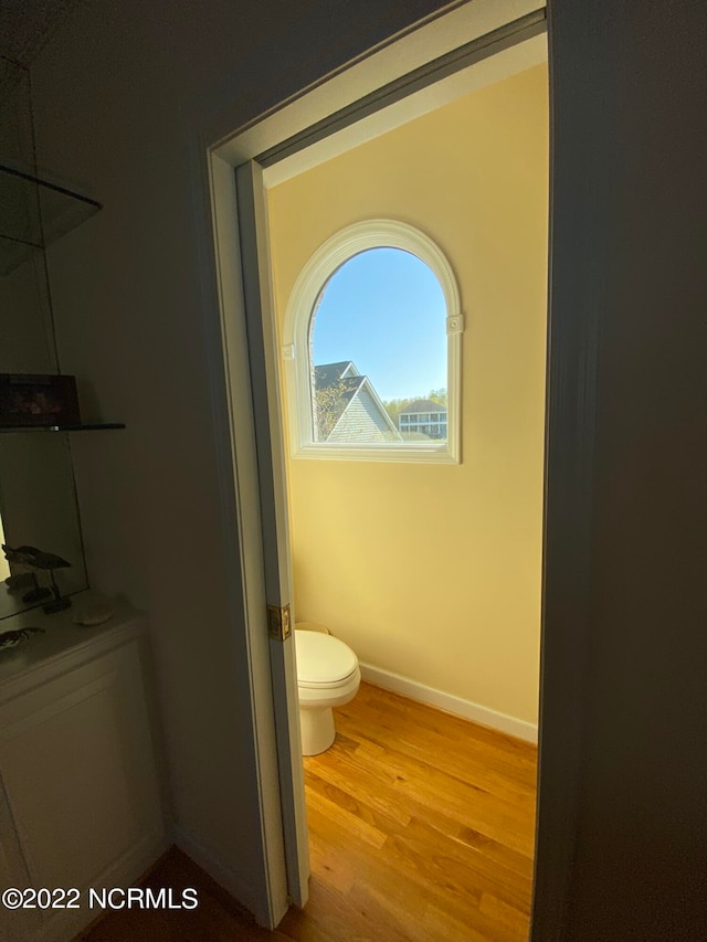 bathroom featuring wood-type flooring and toilet