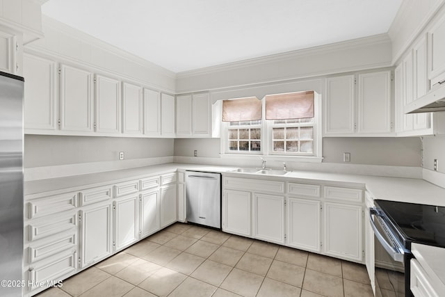 kitchen with white cabinetry, sink, light tile patterned floors, stainless steel appliances, and crown molding