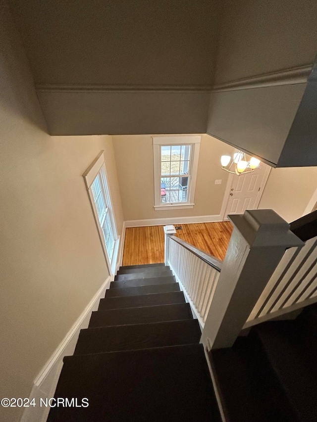 stairway featuring hardwood / wood-style flooring and an inviting chandelier