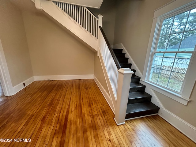 stairs featuring hardwood / wood-style flooring and a wealth of natural light