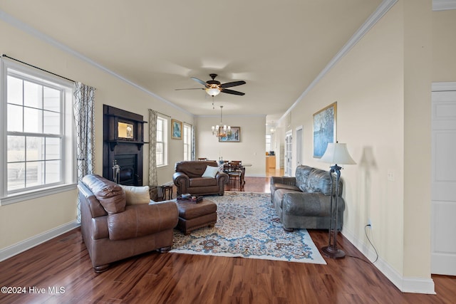 living room with a wealth of natural light, crown molding, dark hardwood / wood-style flooring, and ceiling fan with notable chandelier