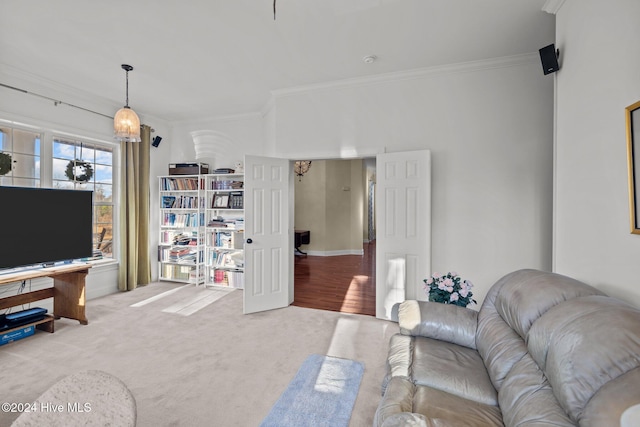 living room featuring light colored carpet and crown molding