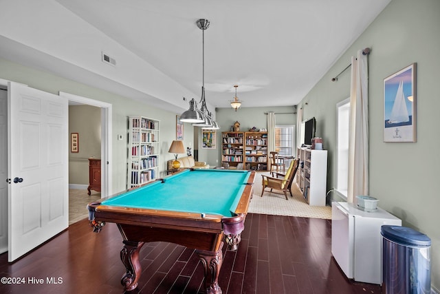 game room with dark hardwood / wood-style flooring and pool table