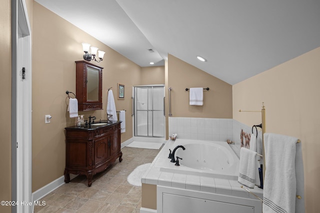 bathroom featuring separate shower and tub, vanity, a chandelier, and vaulted ceiling