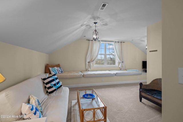 bonus room featuring carpet flooring, vaulted ceiling, and a notable chandelier