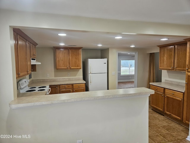 kitchen with kitchen peninsula and white appliances