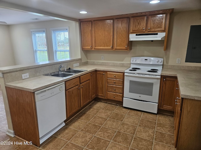 kitchen with sink, white appliances, kitchen peninsula, and electric panel