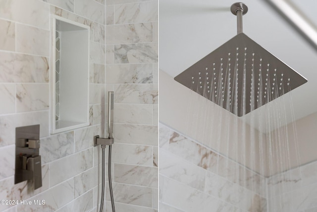 interior details with a tile shower