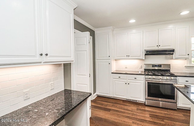 kitchen featuring white cabinets and stainless steel range with gas stovetop