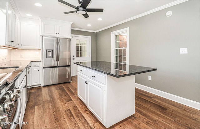 kitchen featuring white cabinets, a kitchen island, dark hardwood / wood-style flooring, and stainless steel fridge with ice dispenser