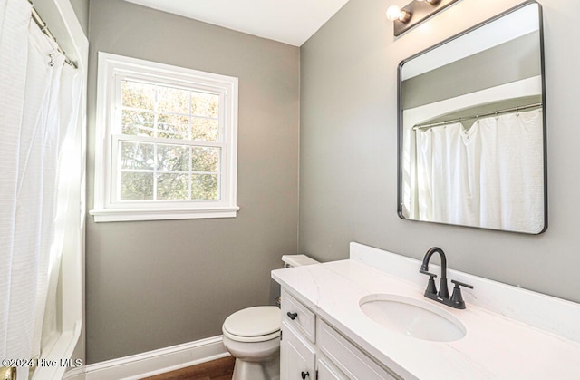 bathroom featuring wood-type flooring, vanity, toilet, and curtained shower