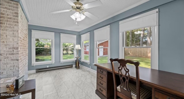 2306 Charles Blvd, Greenville, NC 27858 - home office featuring a baseboard heating unit, baseboards, light marble finish flooring, a ceiling fan, and crown molding