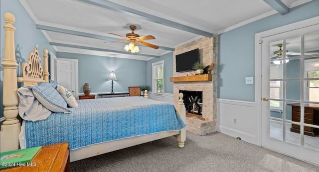 bedroom with ceiling fan, crown molding, and dark wood-type flooring