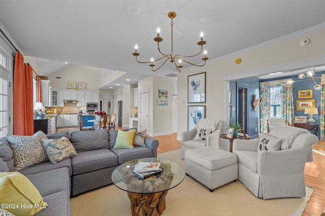 1502 Marsh Pointe, Morehead City, NC 28557 - living area with a chandelier, light wood-style flooring, crown molding, vaulted ceiling, and recessed lighting