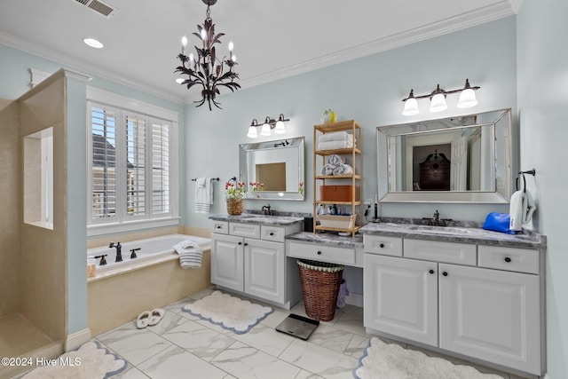 bathroom with a bath, vanity, crown molding, and a notable chandelier