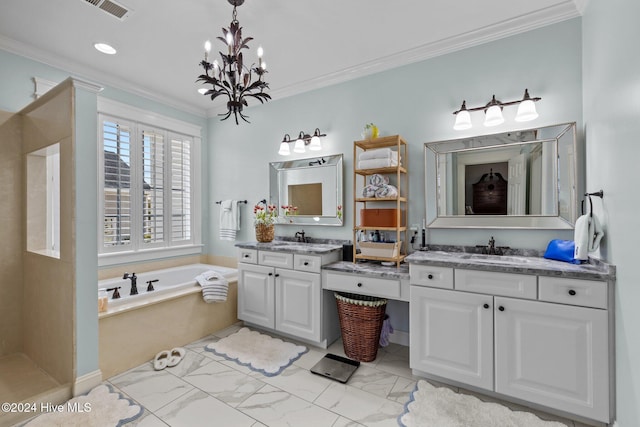 1502 Marsh Pointe, Morehead City, NC 28557 - bathroom with crown molding, a garden tub, marble look tile flooring, two vanities, and a chandelier