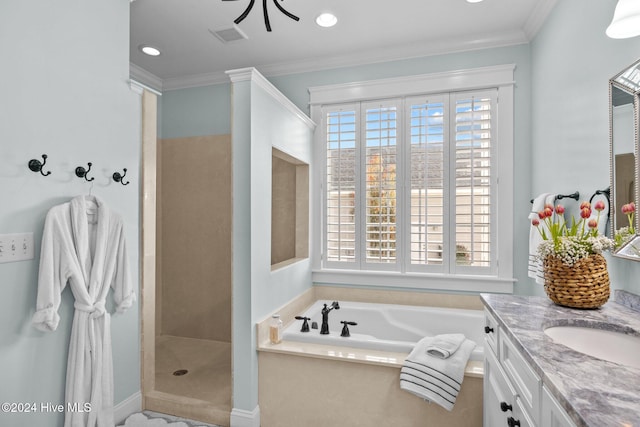 1502 Marsh Pointe, Morehead City, NC 28557 - full bath featuring vanity, a bath, walk in shower, and ornamental molding