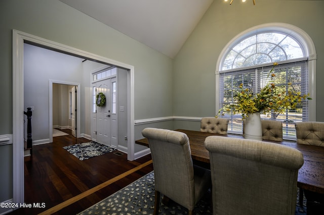 entryway featuring dark hardwood / wood-style flooring and vaulted ceiling