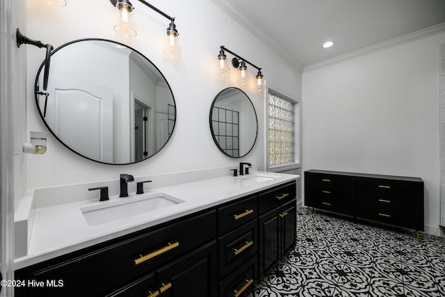 bathroom with vanity and crown molding