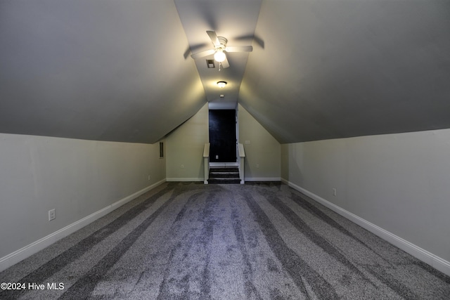 bonus room featuring carpet, ceiling fan, and vaulted ceiling