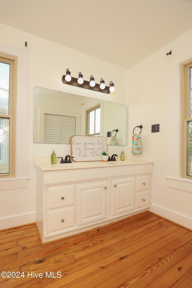 bathroom with hardwood / wood-style flooring and vanity