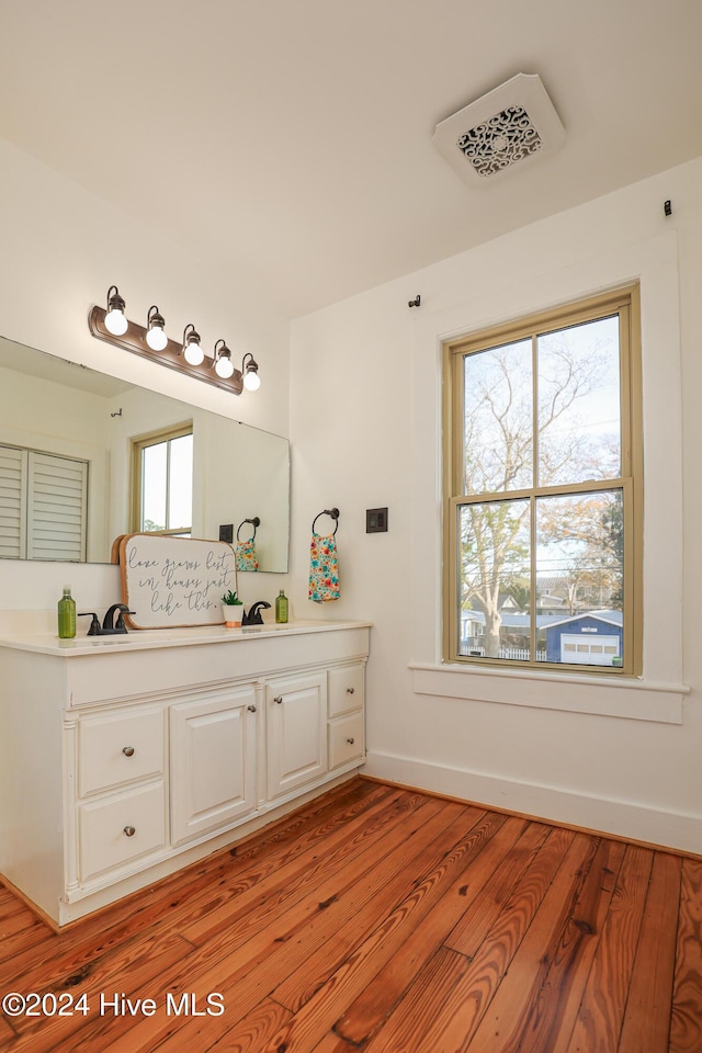 bathroom with hardwood / wood-style floors, plenty of natural light, and vanity