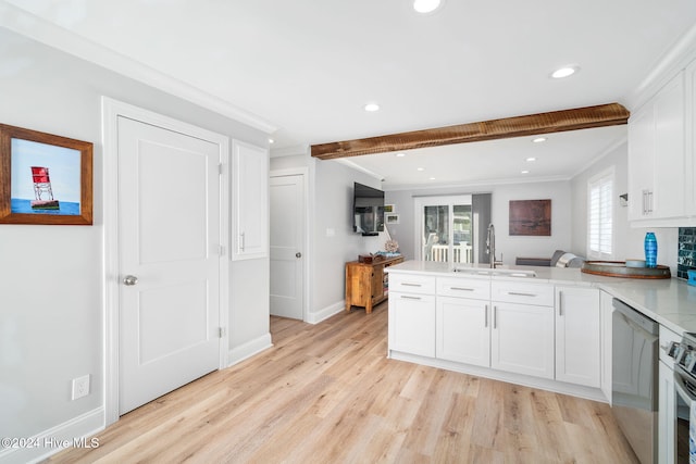 kitchen featuring kitchen peninsula, appliances with stainless steel finishes, sink, light hardwood / wood-style flooring, and white cabinetry